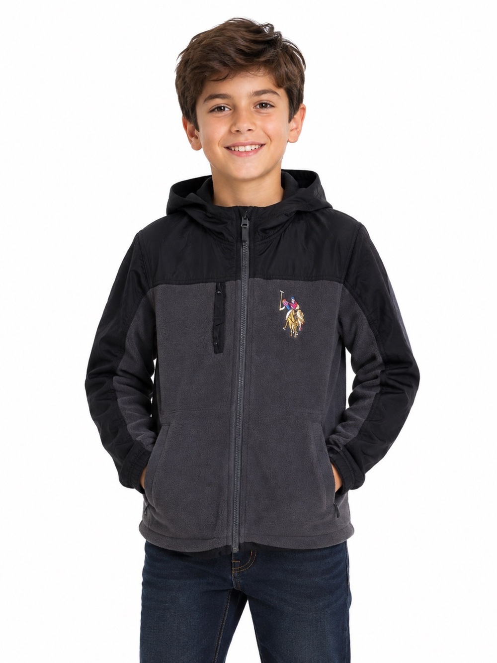 US Polo Assn Grey Black Fleece Full Zip Hoodie Jacket